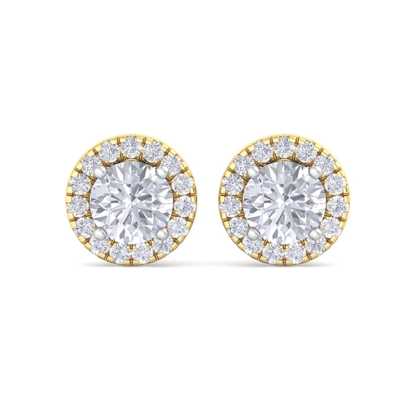Gold Round Brilliant Halo Diamond Stud Earrings | Luxury Jewelry