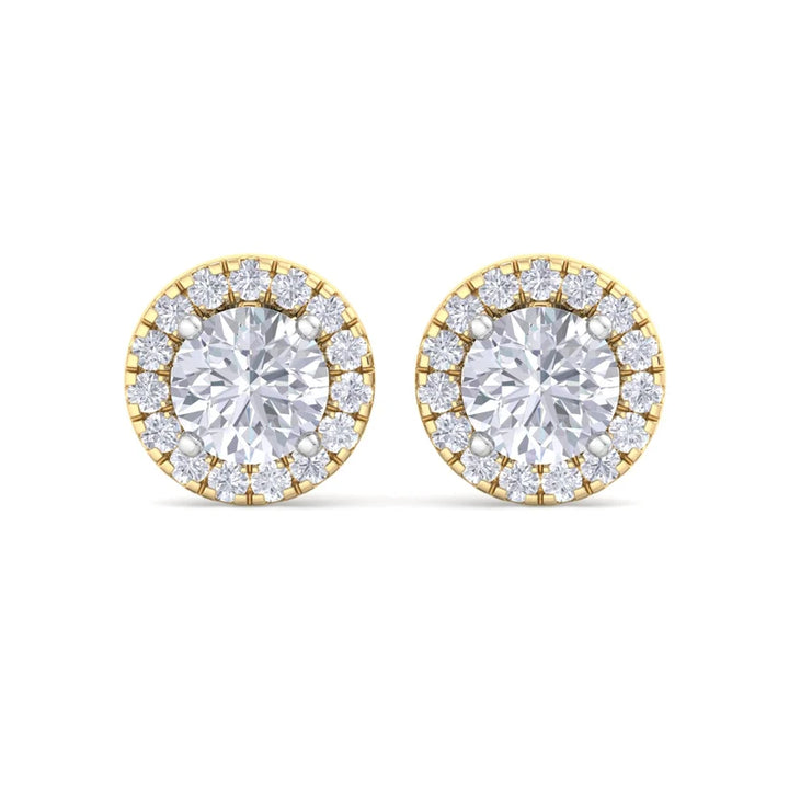 Gold Round Brilliant Halo Diamond Stud Earrings | Luxury Jewelry