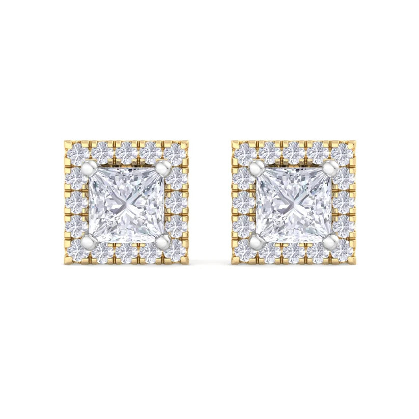 Princess-Cut Diamond Halo Stud Earrings in Gold