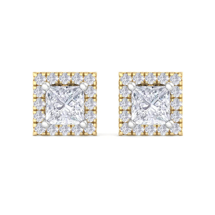 Princess-Cut Diamond Halo Stud Earrings in Gold