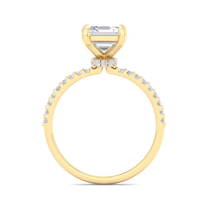 Asscher Cut Diamond Solitaire Engagement Ring | Solid Yellow Gold | Pavé Diamond Band | Classic Four-Prong Setting | Gift for Her