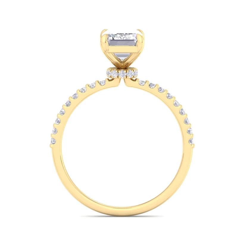 Emerald Cut Diamond Solitaire Engagement Ring with Pavé Band in Gold