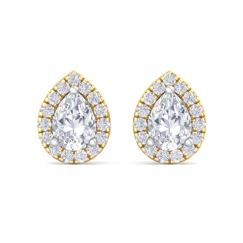 Pear-Shaped Diamond Halo Stud Earrings in Gold