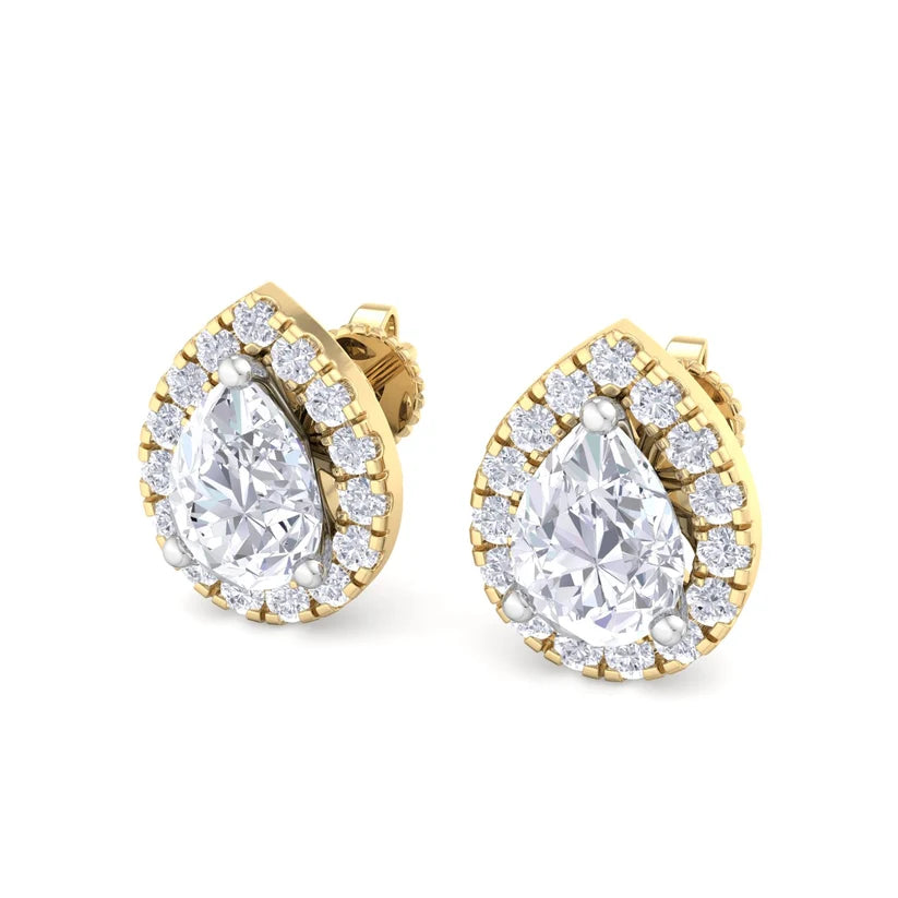 Pear-Shaped Diamond Halo Stud Earrings in Gold