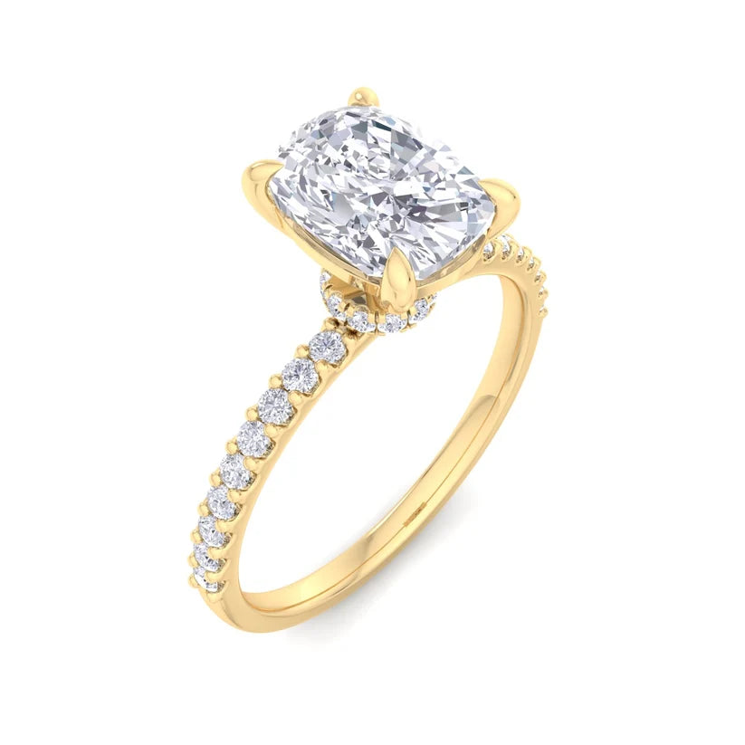 Classic Cushion Cut Diamond Engagement Ring with Half Eternity Pavé Band Gold