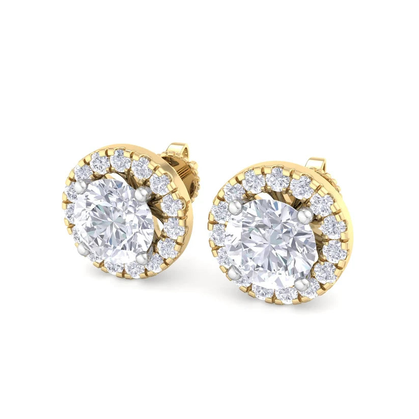 Gold Round Brilliant Halo Diamond Stud Earrings | Luxury Jewelry