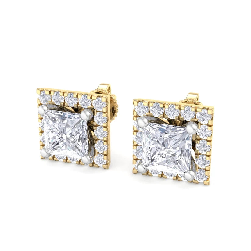 Princess-Cut Diamond Halo Stud Earrings in Gold