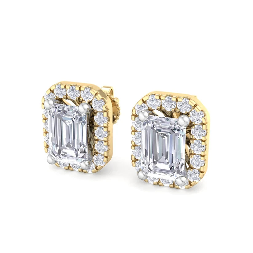 Emerald-Cut Diamond Halo Stud Earrings – Luxury Gold Frame Design
