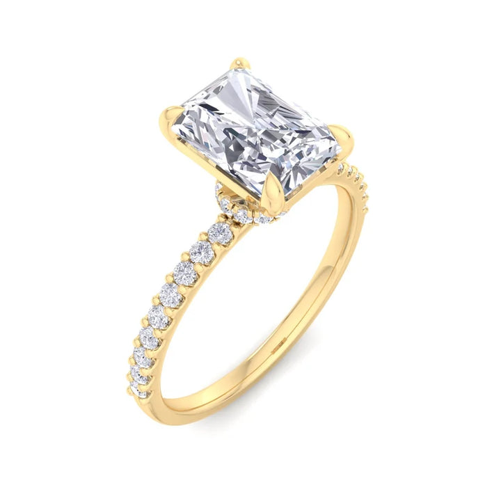 Radiant Cut Diamond Solitaire Engagement Ring with Pavé Band in Yellow Gold
