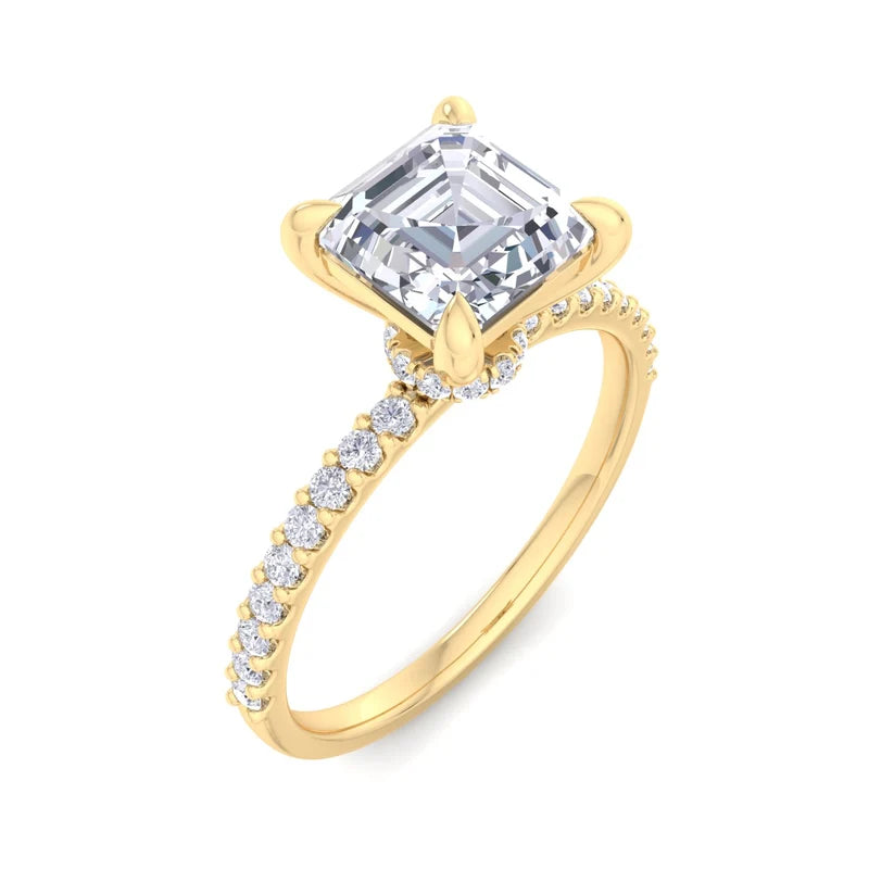Asscher Cut Diamond Solitaire Engagement Ring | Solid Yellow Gold | Pavé Diamond Band | Classic Four-Prong Setting | Gift for Her