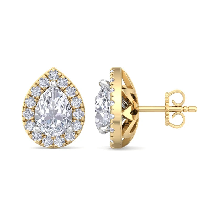 Pear-Shaped Diamond Halo Stud Earrings in Gold