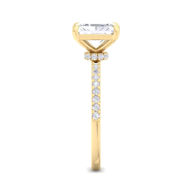Radiant Cut Diamond Solitaire Engagement Ring with Pavé Band in Yellow Gold