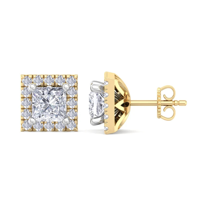 Princess-Cut Diamond Halo Stud Earrings in Gold
