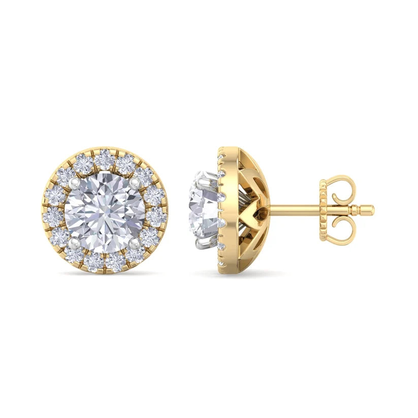 Gold Round Brilliant Halo Diamond Stud Earrings | Luxury Jewelry
