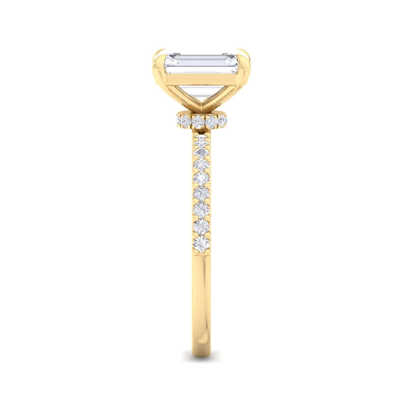Emerald Cut Diamond Solitaire Engagement Ring with Pavé Band in Gold