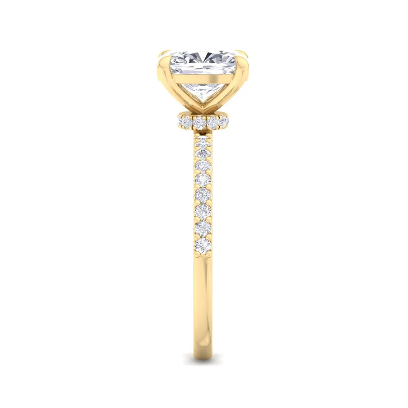 Cushion Cut Diamond Solitaire Engagement Ring | Solid Yellow Gold | Pavé Diamond Band | Classic Four-Prong Setting | Gift for Her