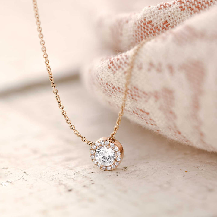 Round Halo Diamond Pendant Necklace in Rose Gold
