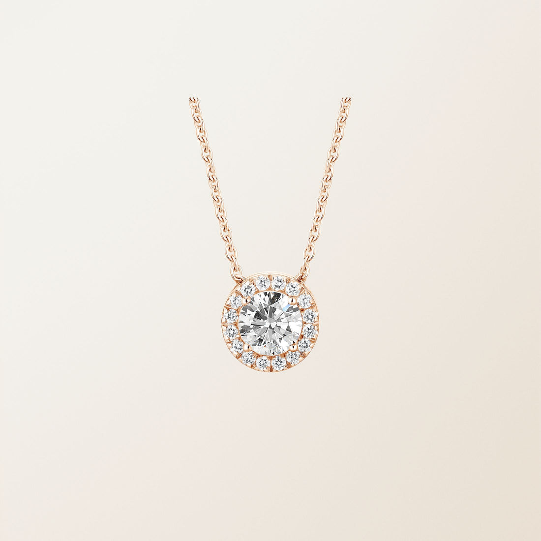 Round Halo Diamond Pendant Necklace in Rose Gold