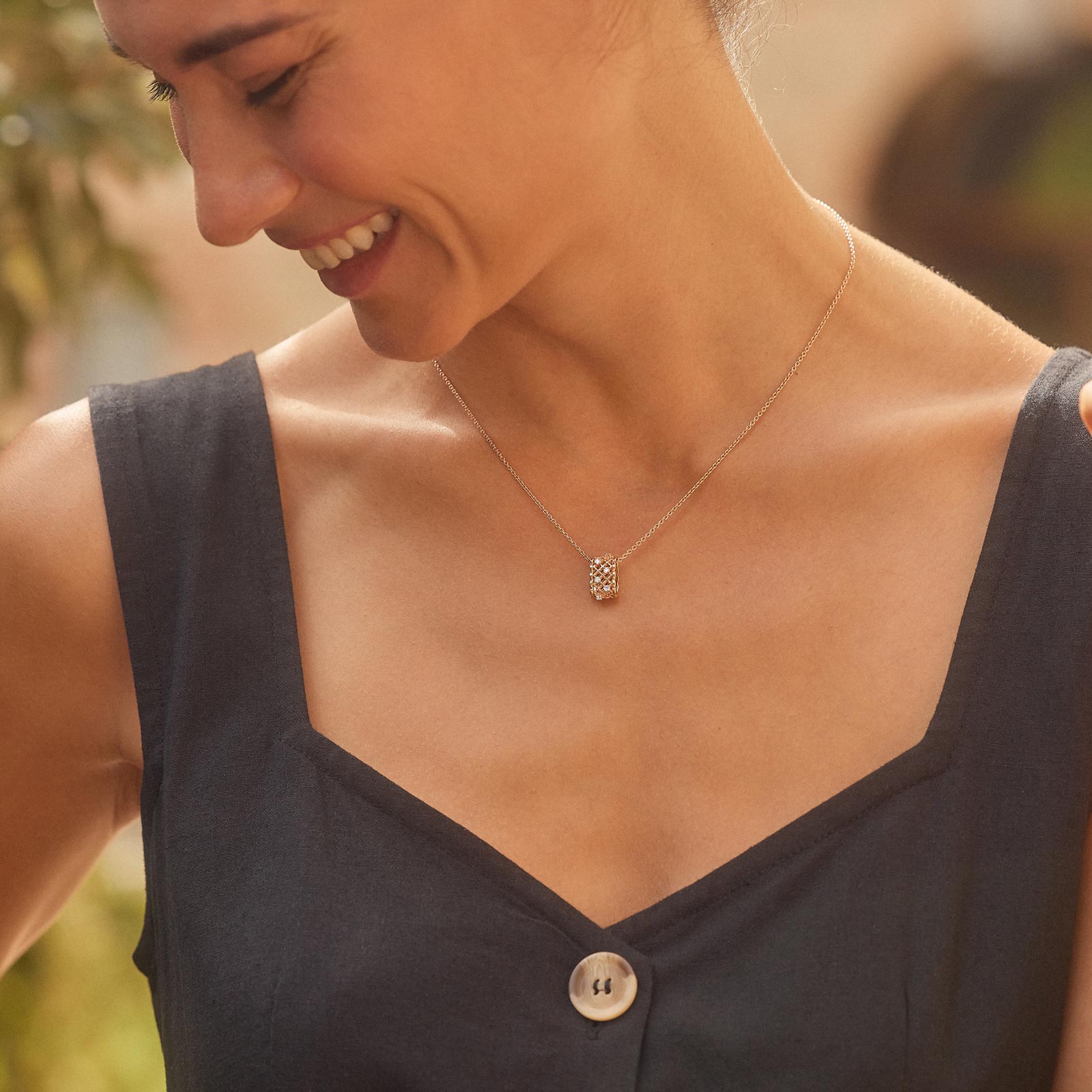 Lattice — Rose Gold Diamond Quilted Barrel Pendant Necklace