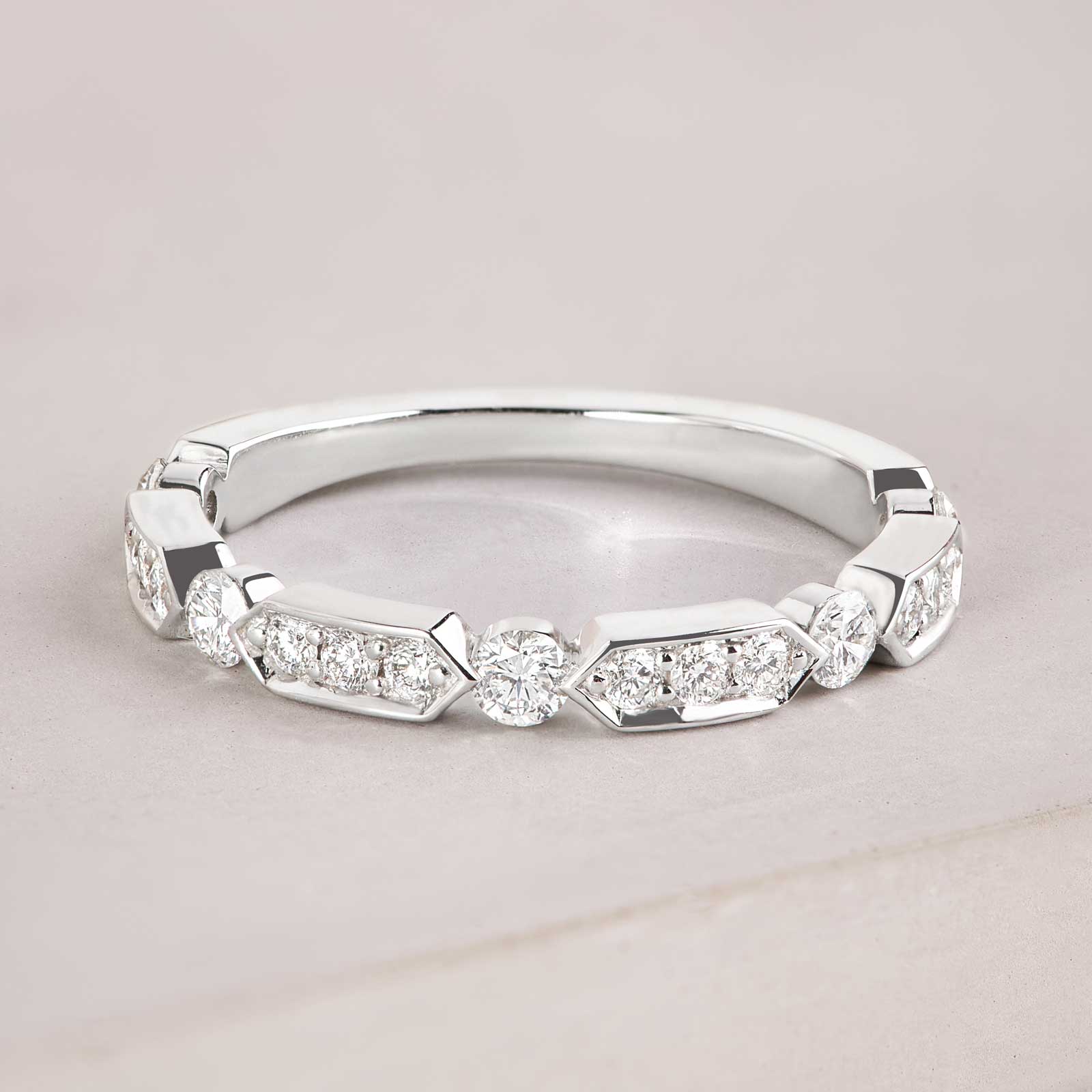Geometric Hexagon Diamond Half Eternity Band in White Gold