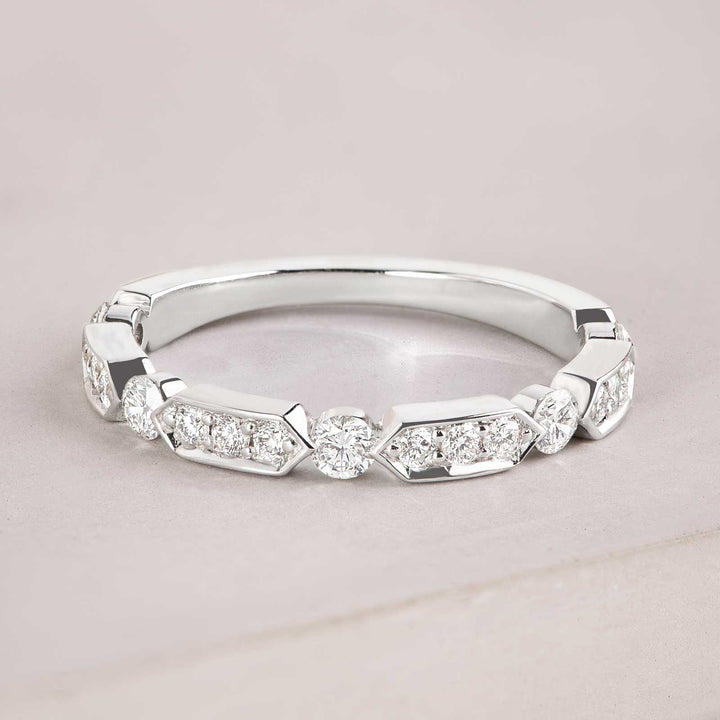 Geometric Hexagon Diamond Half Eternity Band in White Gold