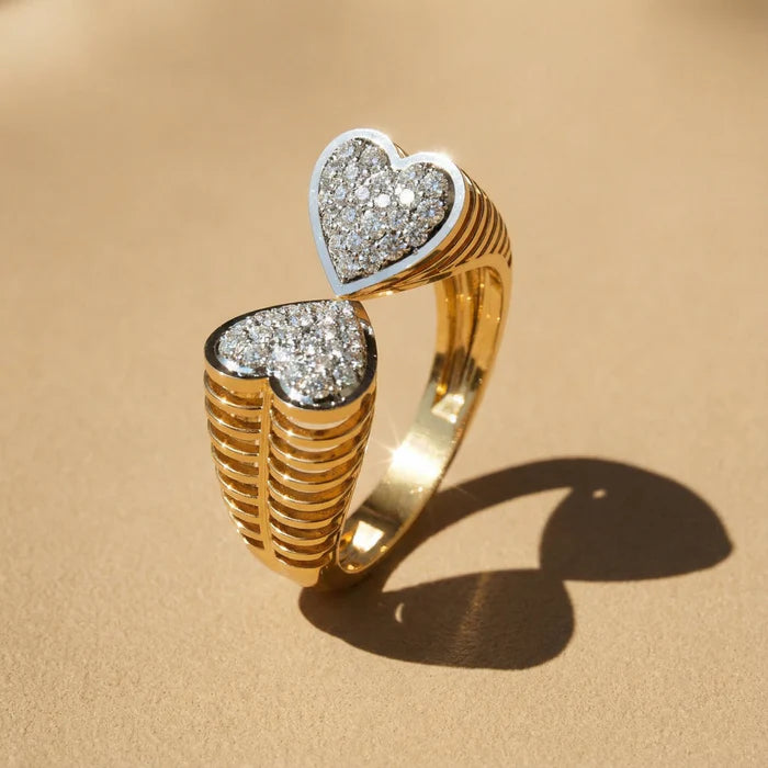 Double Heart Diamond Bypass Ring in 9KT Two-Tone Gold