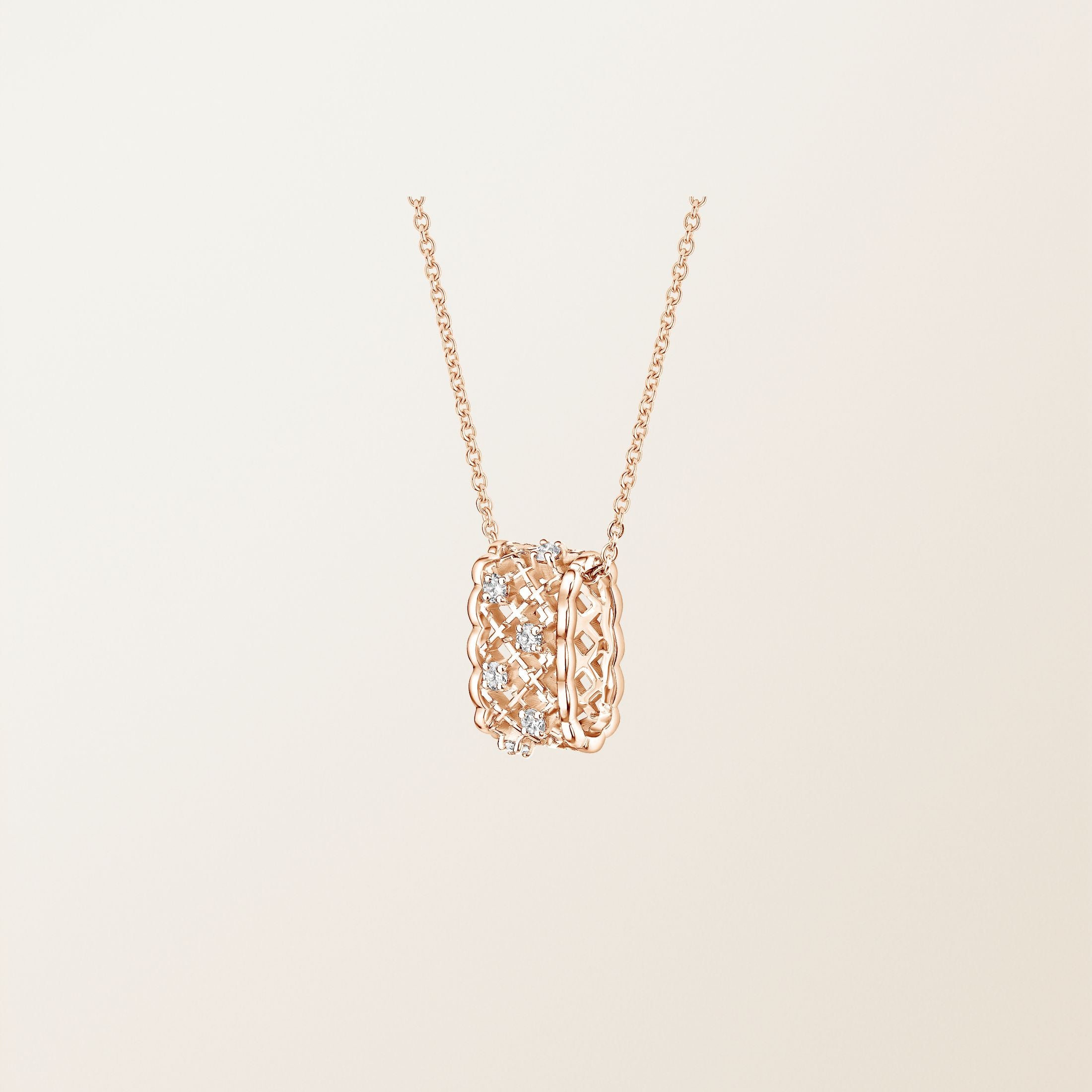 Lattice — Rose Gold Diamond Quilted Barrel Pendant Necklace