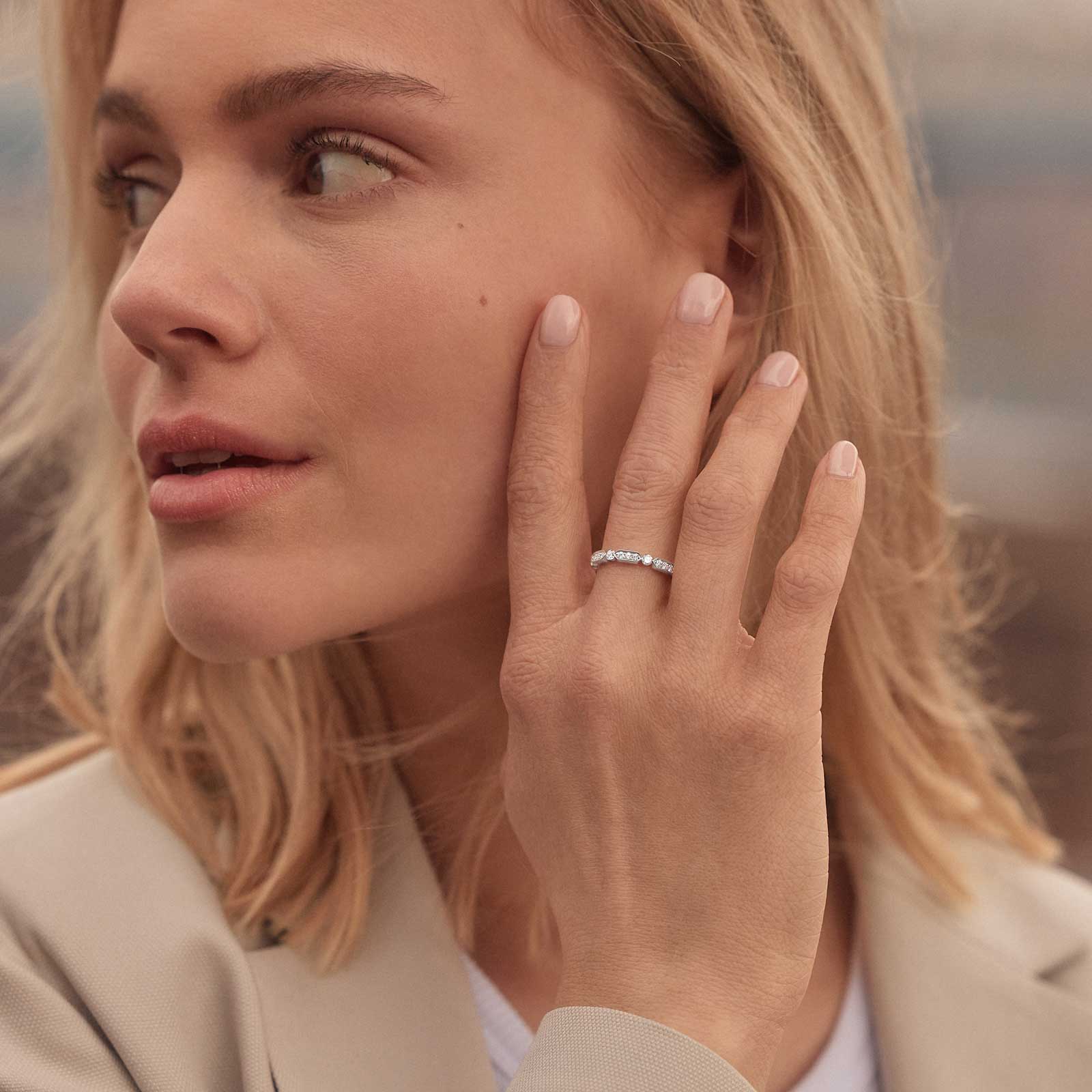 Geometric Hexagon Diamond Half Eternity Band in White Gold