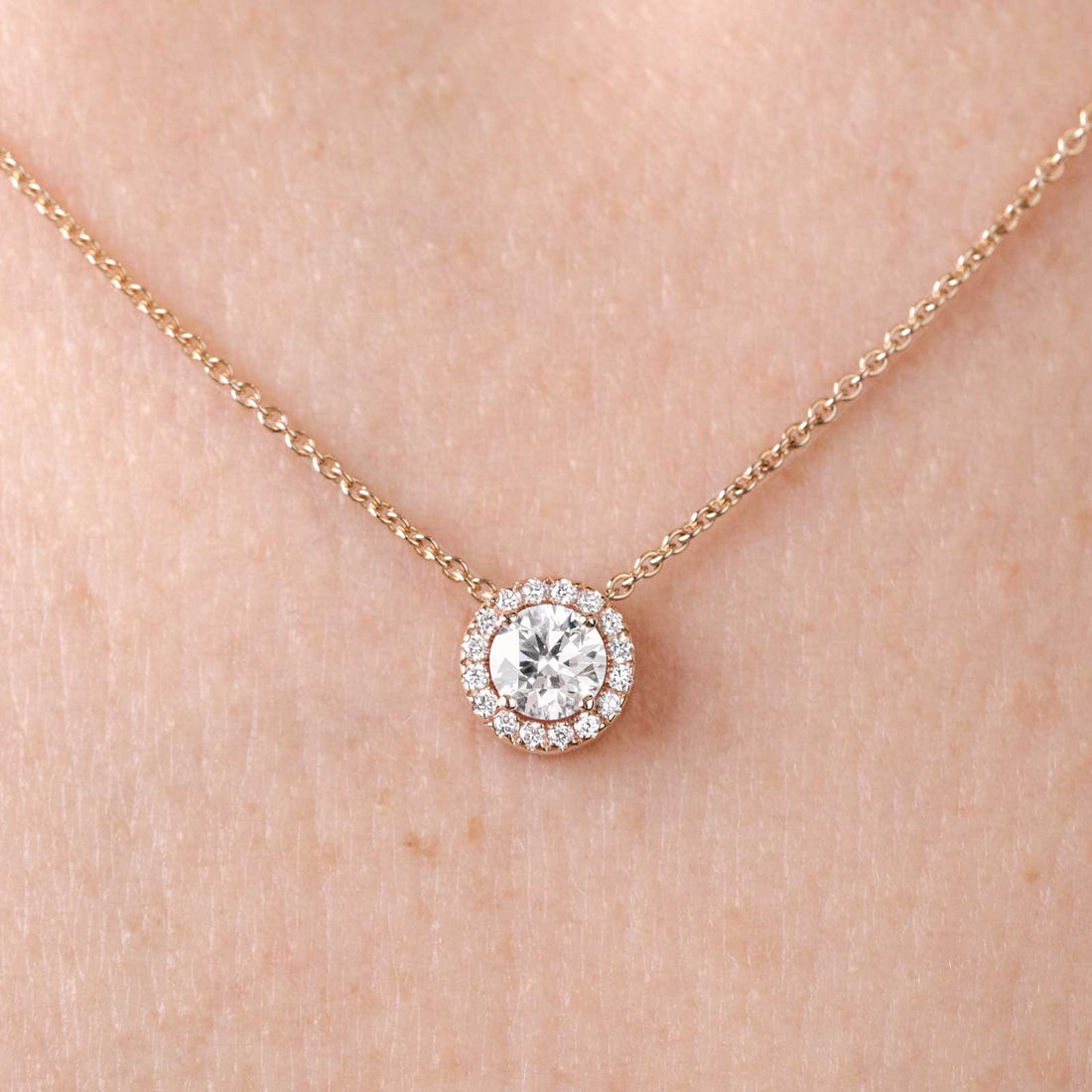 Round Halo Diamond Pendant Necklace in Rose Gold