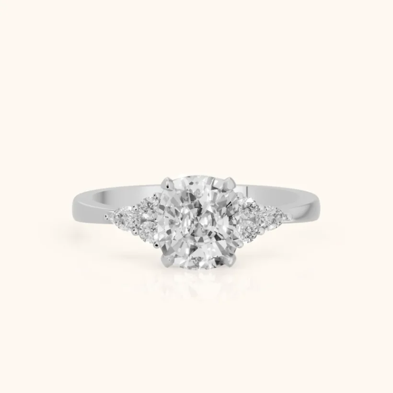 Amelia Three Stone Cushion Diamond Engagement & Wedding Ring