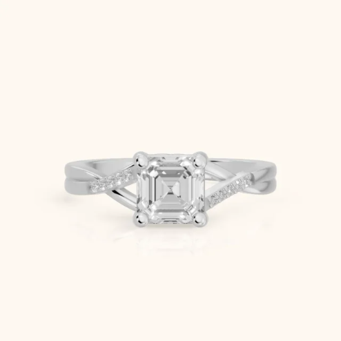 Veronica Twist Side Stone Asscher Diamond Engagement & Wedding Ring