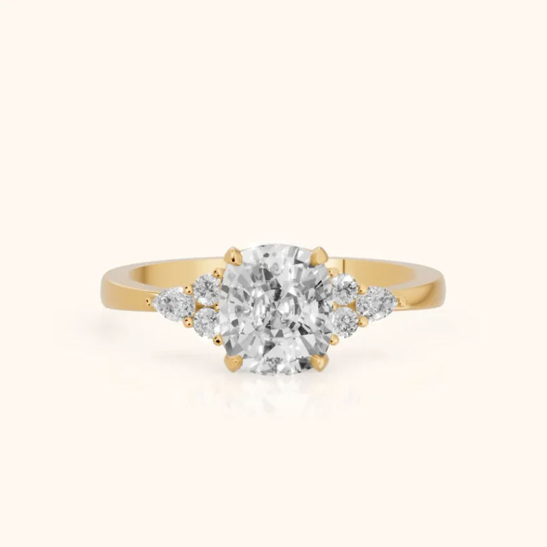Amelia Three Stone Cushion Diamond Engagement & Wedding Ring