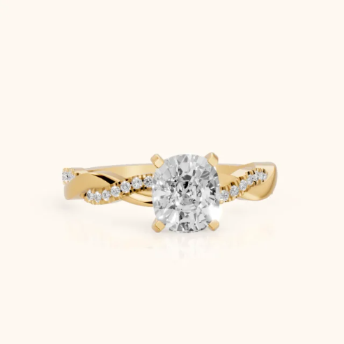 Twisted Side Stone Cushion Diamond Engagement & Wedding Ring