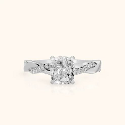 Twisted Side Stone Cushion Diamond Engagement & Wedding Ring