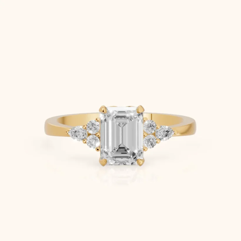 Amelia Three Stone Emerald Diamond Engagement & Wedding Ring