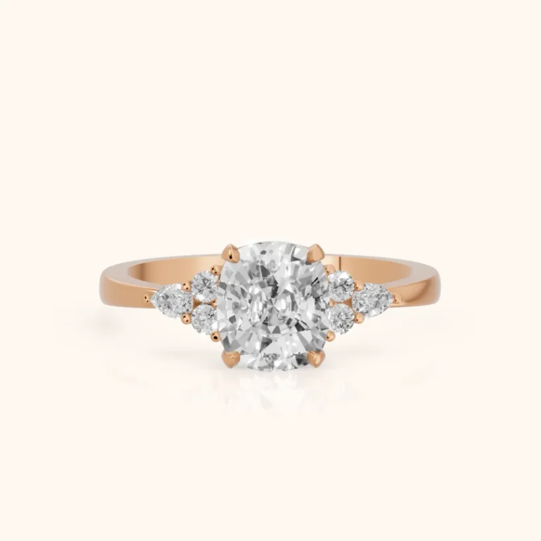 Amelia Three Stone Cushion Diamond Engagement & Wedding Ring