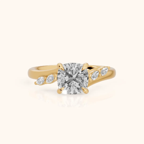 Flora Twist Side Stone Cushion Diamond Engagement & Wedding Ring