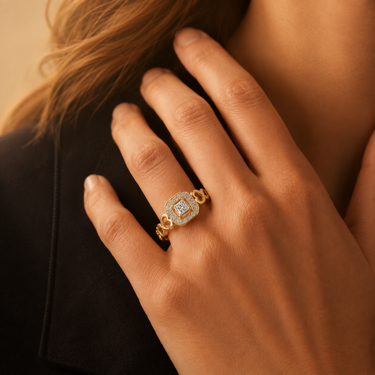 Princess-Cut Diamond Cushion Halo Promise Ring With Infinity Heart Motifs