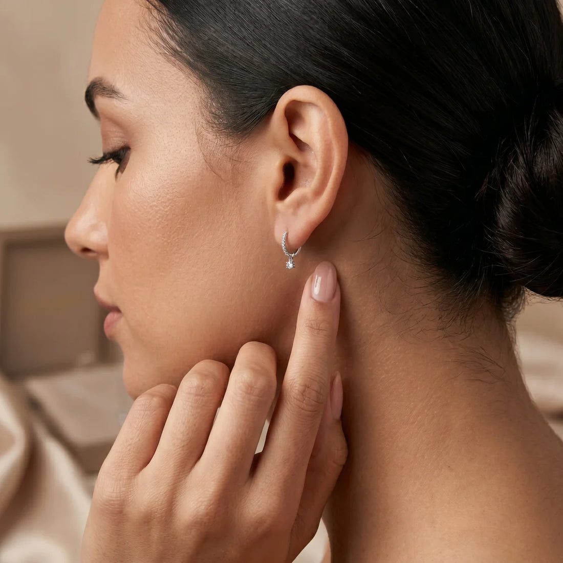 Classic Diamond Drop Hoop Earrings in 925 Sterling Silver