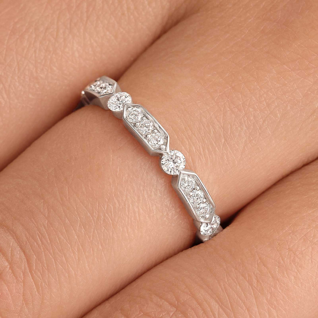 Geometric Hexagon Diamond Half Eternity Band in White Gold