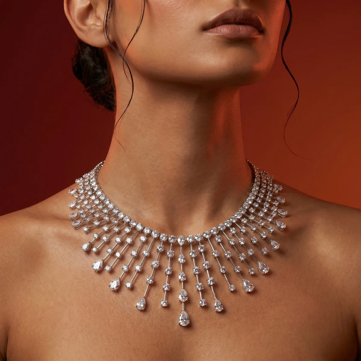 Royal Cascade Diamond CZ Waterfall Bib Necklace in White Gold / Sterling Silver