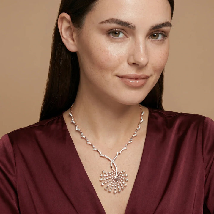 Rose Gold Diamond Fan Design Necklace & Drop Earrings Set in 925 Silver