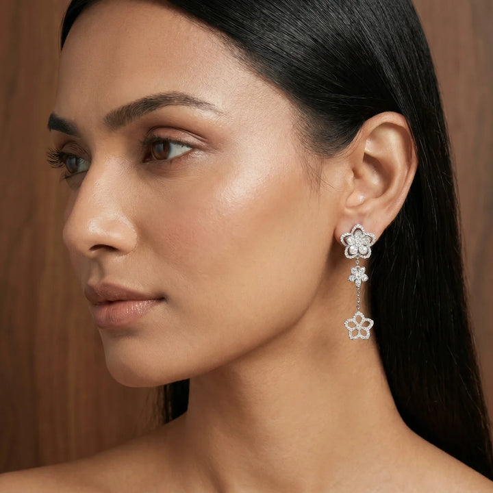 Triple Flower Cascade Drop Earrings in 925 Sterling Silver