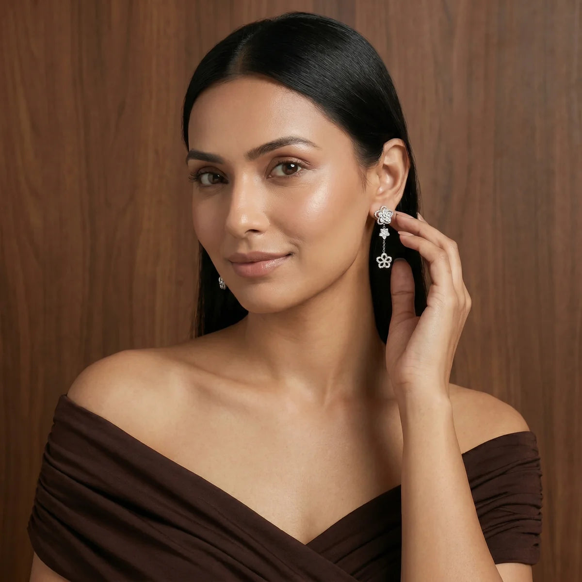 Triple Flower Cascade Drop Earrings in 925 Sterling Silver