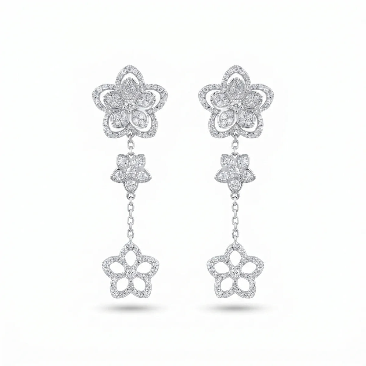 Triple Flower Cascade Drop Earrings in 925 Sterling Silver