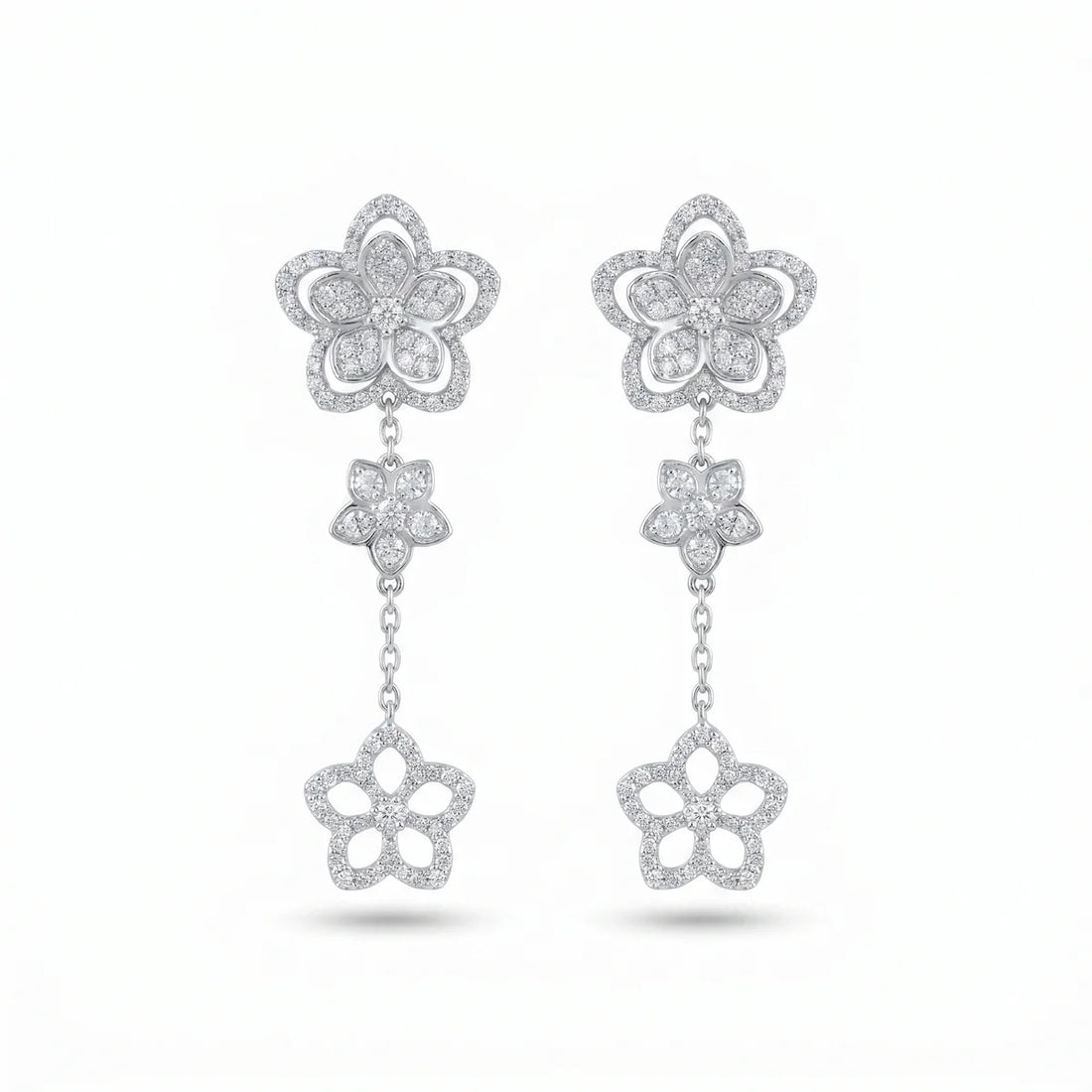 Triple Flower Cascade Drop Earrings in 925 Sterling Silver