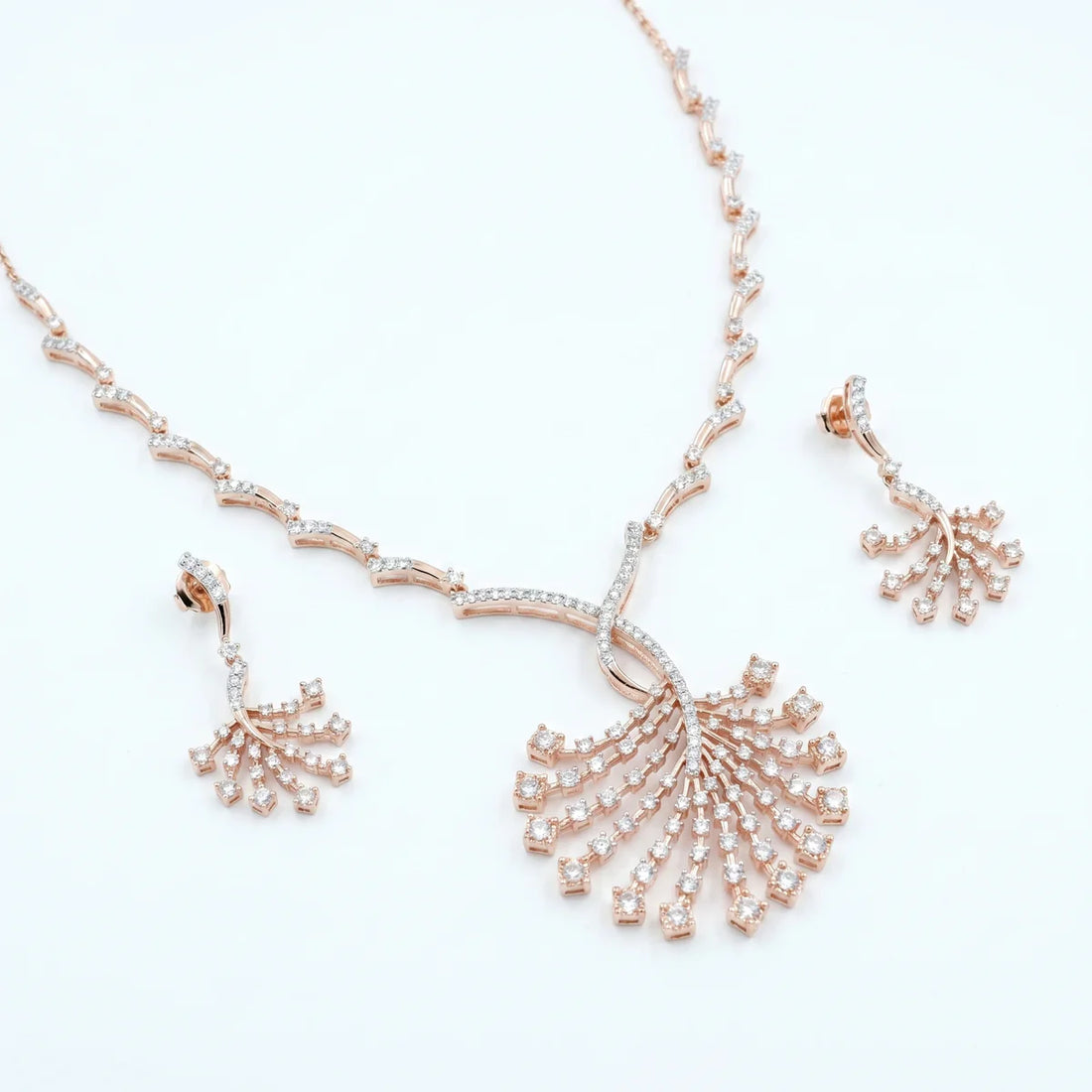 Rose Gold Diamond Fan Design Necklace & Drop Earrings Set in 925 Silver