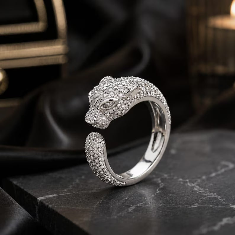 Iced Out Panther Head Open Cuff Ring