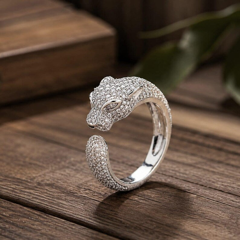 Iced Out Panther Head Open Cuff Ring