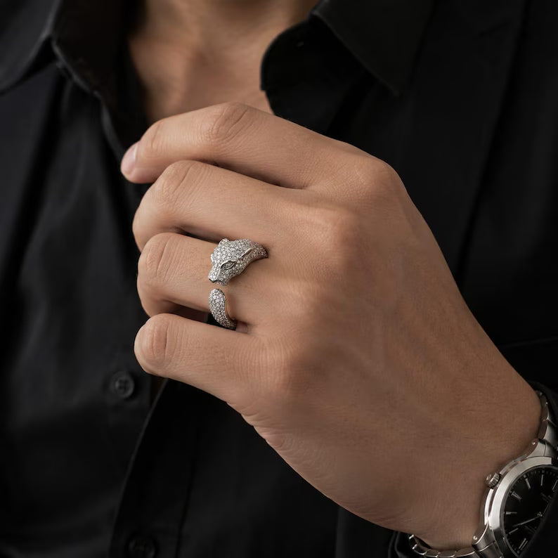 Iced Out Panther Head Open Cuff Ring